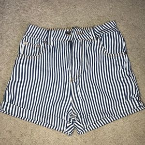Blue and White Striped Denim Shorts